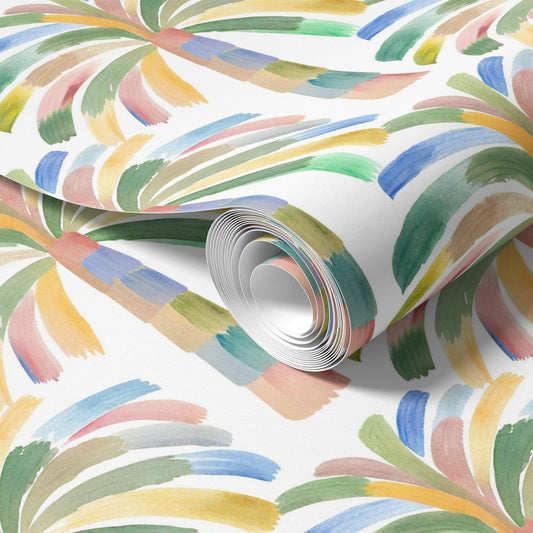 Roll of colorful swatch wallpaper with palm tree pattern