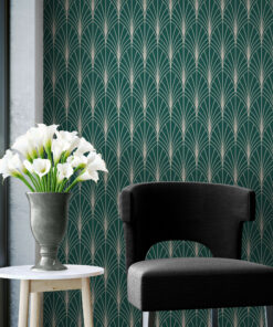Green art deco wallpaper in interior with fancy chair and side table and flowers