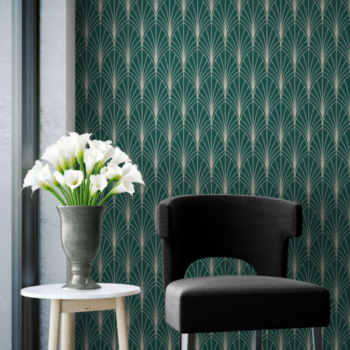 Green art deco wallpaper in interior with fancy chair and side table and flowers