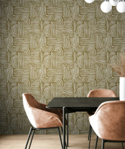 Green line art wallpaper in a modern dining room with pendant lights