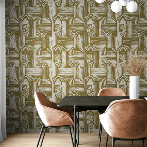 Green line art wallpaper in a modern dining room with pendant lights