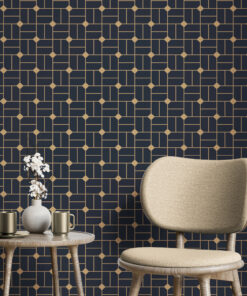 navy blue and light brown wallpaper in bright modern sitting room