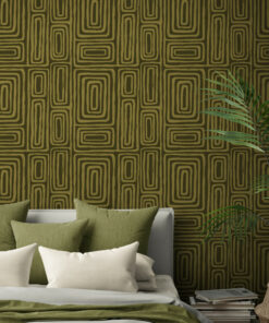 Bedrom with green African/ boho wallpaper and large tropical plant