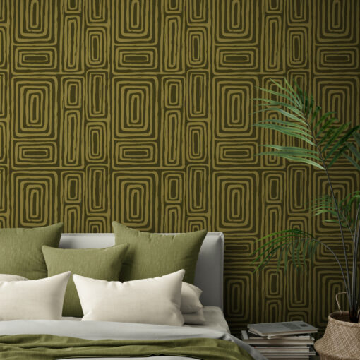 Bedrom with green African/ boho wallpaper and large tropical plant
