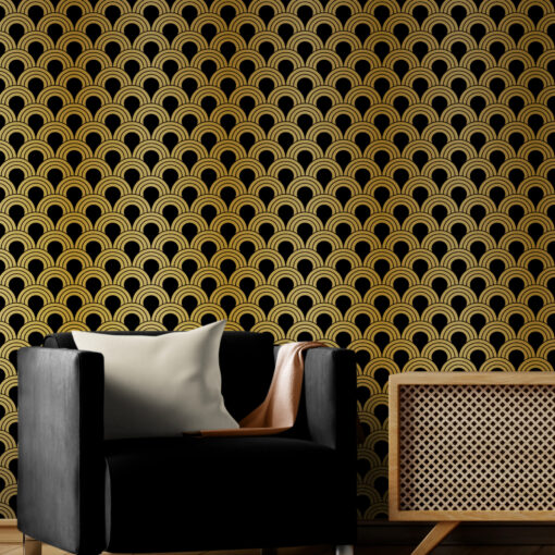 Gold and black art deco wallpaper in living room with wooden cabinet