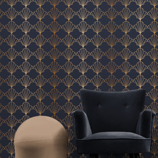 Blue and brown art deco wallpaper on wall behind armchair and fancy spherical stool