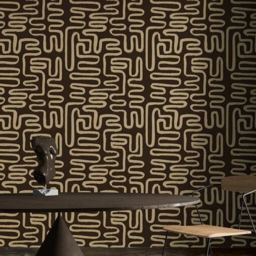Dark brown line art wallpaper in stylish room with dramatic lighting