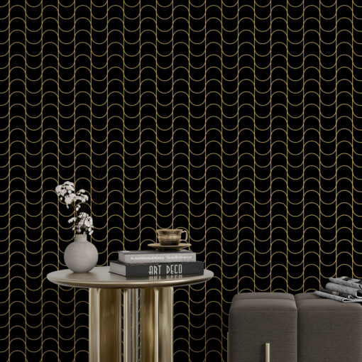 Black and gold art deco wallpaper on wall in living room with bench sofa and table