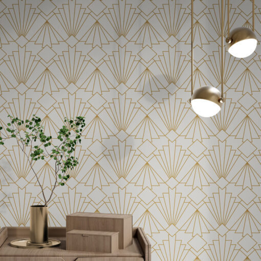 White and gold art deco wallpaper on wall behind a plant on a modern wooden cabinet